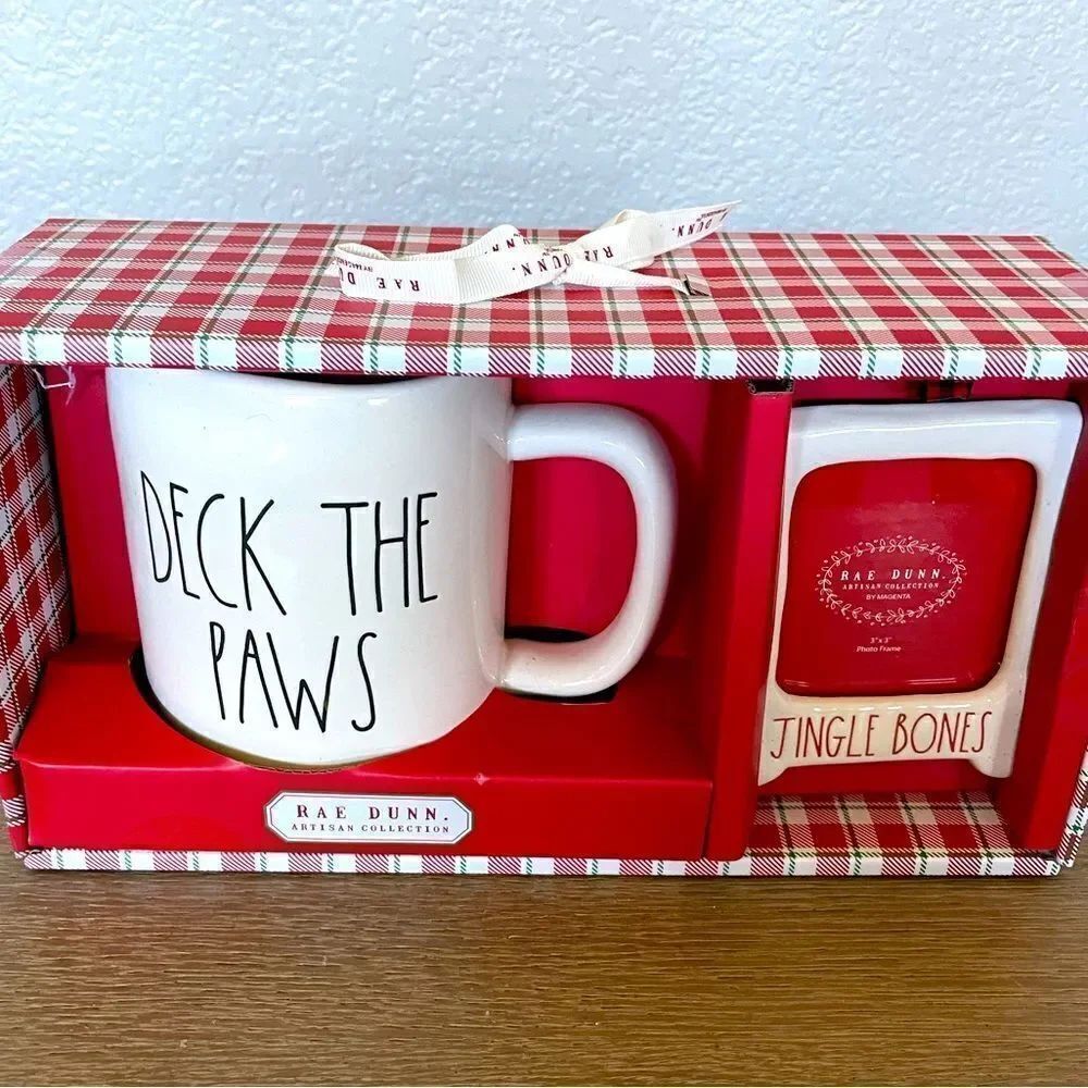 Rae Dunn Christmas Holiday Deck the Paws Mug Picture Frame Ornament Gift Set